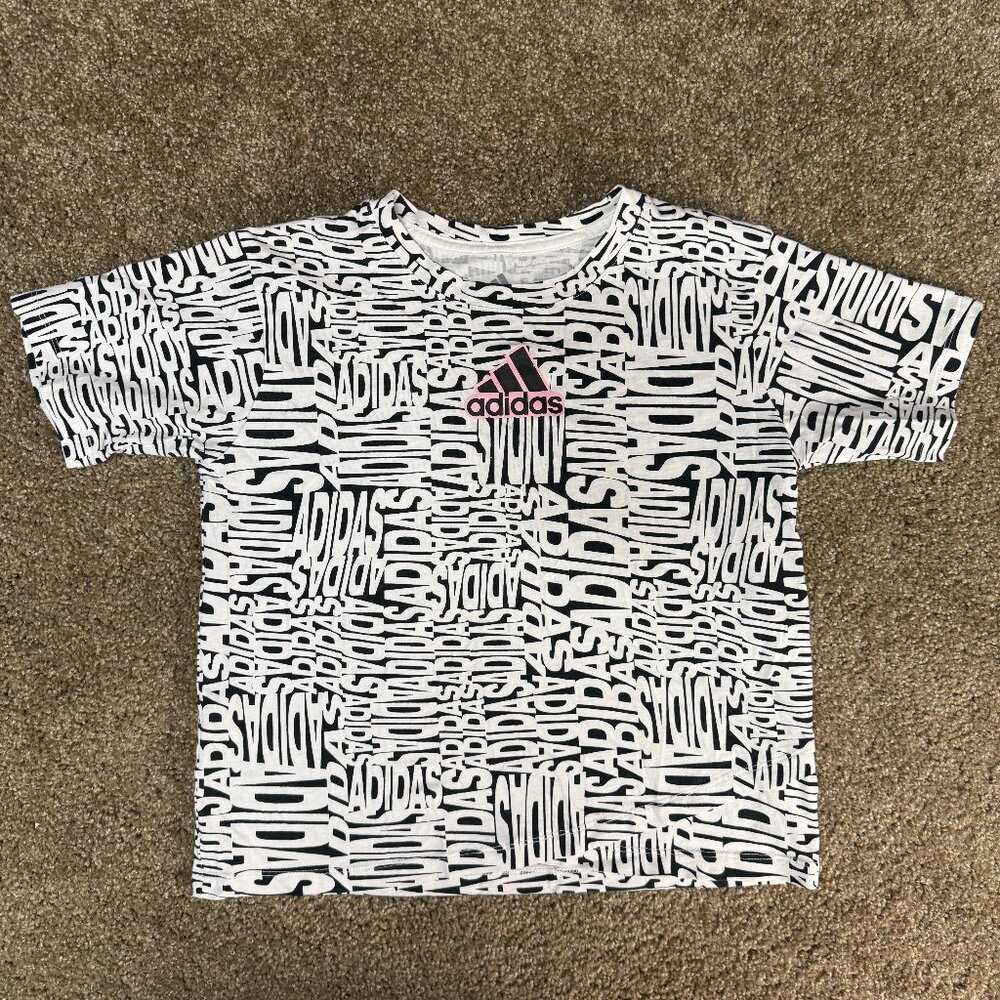 Adidas AOP Tee Shirt Youth Large (14) White Black Graphic All Over Print Cotton